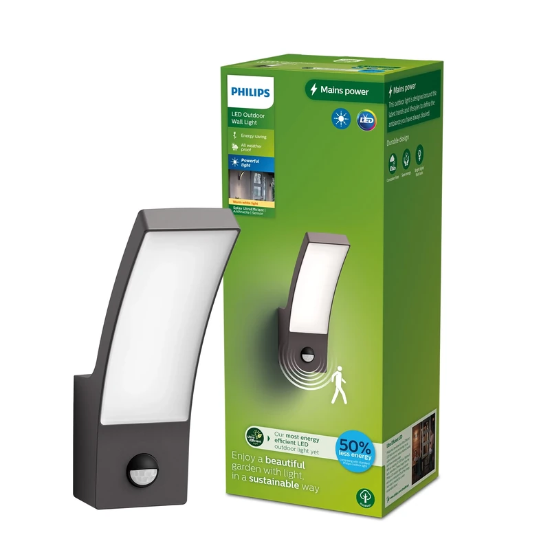 Philips Lighting Splay UltraEfficient Outdoor Wall Light, 3.8W 2700K, Antracite, Motion Sensor, IP44 Weatherproof