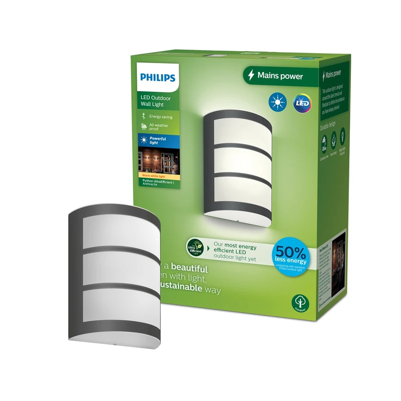 Philips Lighting Python UltraEfficient Outdoor Wall Light, 3.8W, 2700K, Antracite, IP44 Weatherproof - Image 1