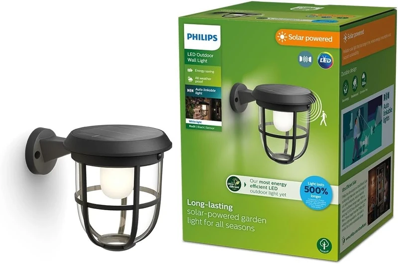 Philips Lighting Radii UltraEfficient Auto-linkable Solar Wall Light, 1.3W, 3000K, Black, Motion Sensor, IP44 Weatherproof