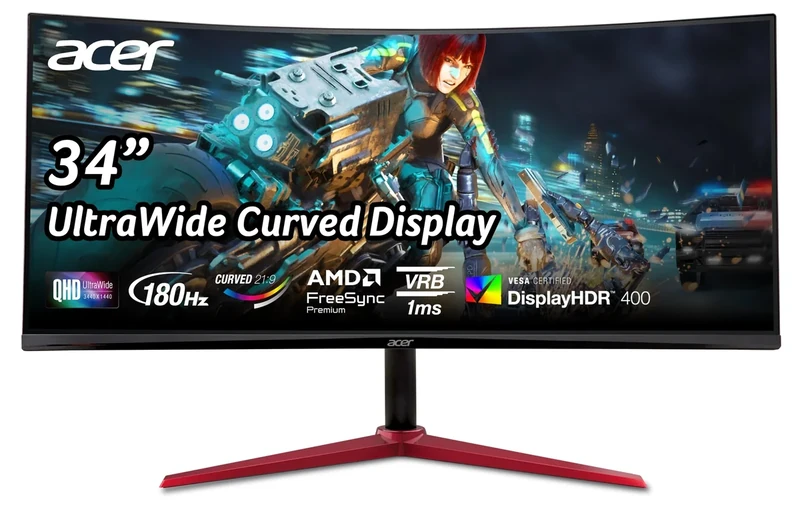 Acer Nitro 3440 x 1440 1500R Curved Gaming Monitor, 34" UWQHD, AMD FreeSync Premium, Upgrade up to 180Hz, 1ms (VRB) | 400nit | DisplayHDR 400 | 1 x DP 1.4 and 2 x HDMI 2.0 |