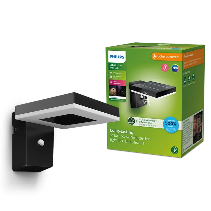 Philips Lighting Zonal UltraEfficient Outdoor Solar Wall Light, Square, 1.3W, 3000K, Black, Motion Sensor, IP44 Weatherproof
