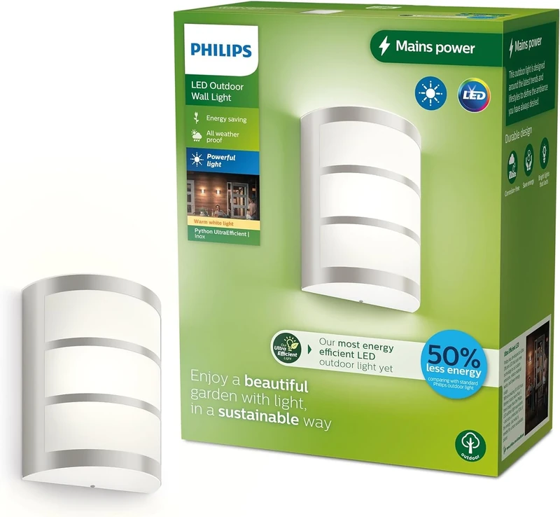 Philips Lighting Python UltraEfficient Outdoor Wall Light, 3.8W, 2700K, Silver, IP44 Weatherproof, 84 mm