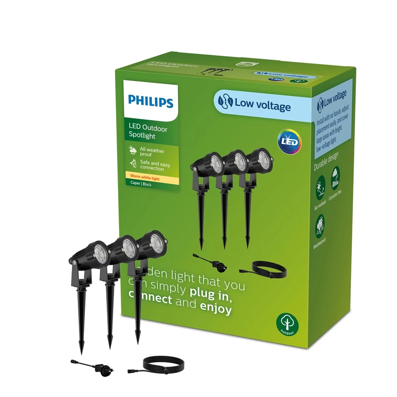 Philips Caper Gardenlink Low-Voltage Outdoor Spotlights Lights Spike 3 Pack, 3X1.5W, Black, 24V, IP44 Water Resistant