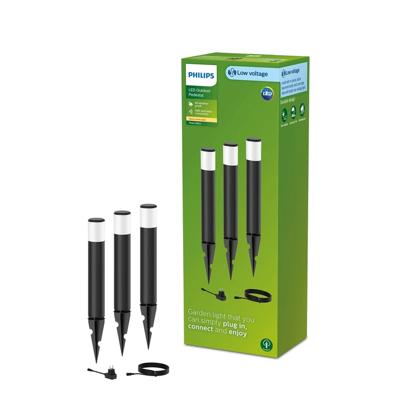 Philips Purex Gardenlink Low-Voltage Outdoor Path Light Pedestal 3 Pack, 3X1.5W, Black, 24V, IP44 Water Resistant