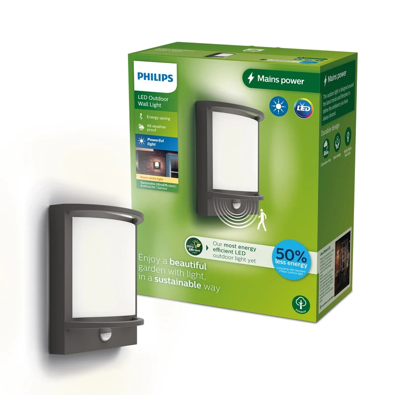 Philips Lighting Samondra UltraEfficient Outdoor Wall Light, 3.8W, 2700K, Antracite, Motion Sensor, IP44 Weatherproof
