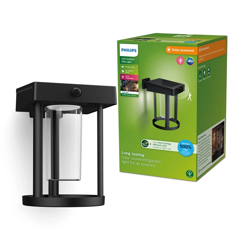 Philips Lighting Camill UltraEfficient Outdoor Solar Wall Light, Round, 1.4W, 3000K, Black, Clear, Motion Sensor, IP44 Weatherproof