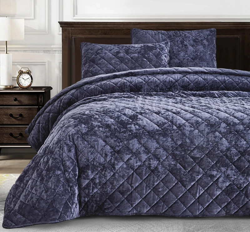Chezmoi Collection Lux Purple Velvet Quilt Queen Set, 3-Piece Plush Distressed Velvet Bedding All Season Lightweight Comforter Brushed Microfiber Reverse with Diamond Stitch Quilting