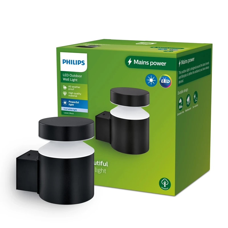 Philips Lighting Laven Outdoor Wall Light, 6W, 2700K Warm White Light, Black, IP44 Weatherproof