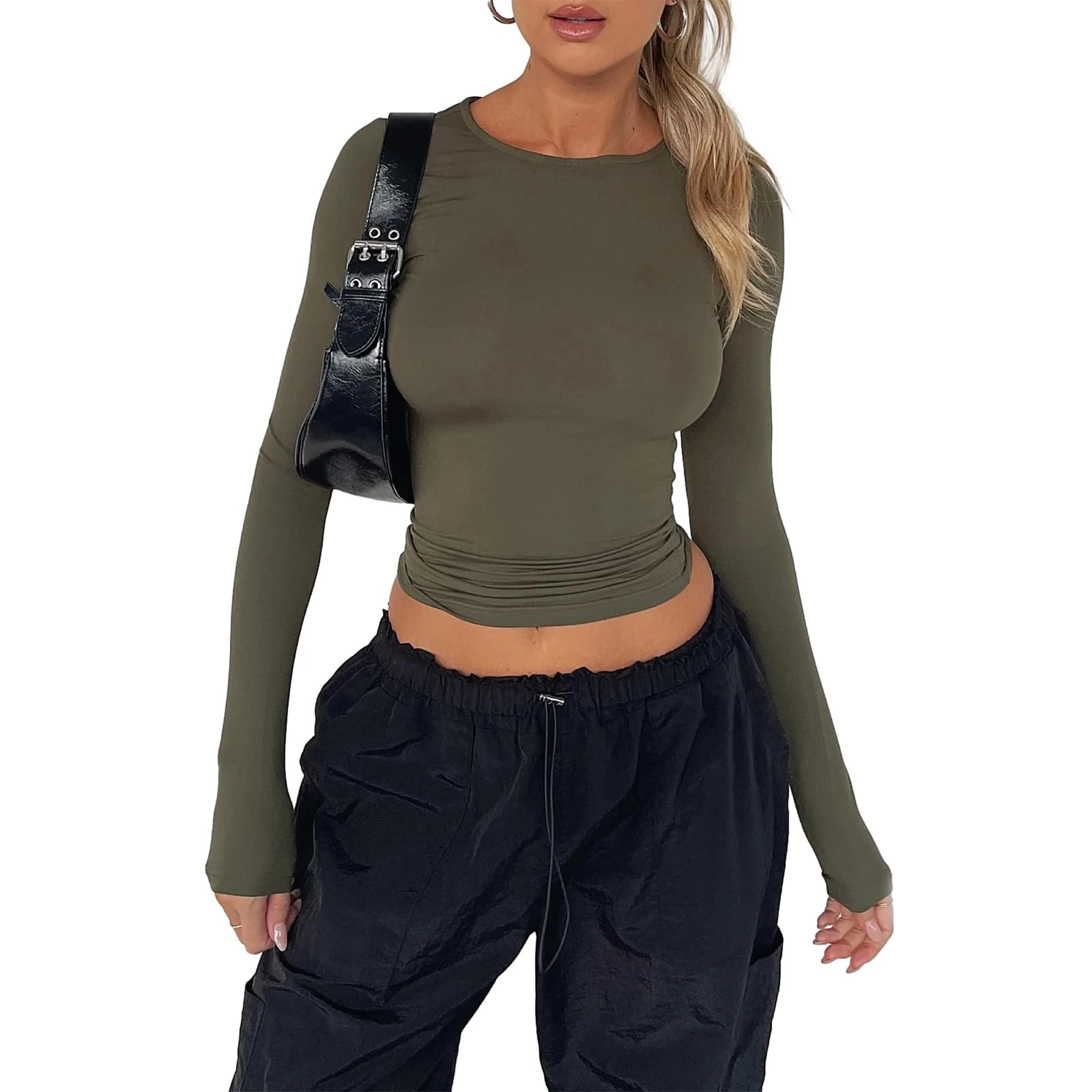 Qianderer Womens Y2k Long Sleeve Top Crop Tops Scoop Neck Going Out Slim Fit Basic T Shirts Aesthetic Streetwear