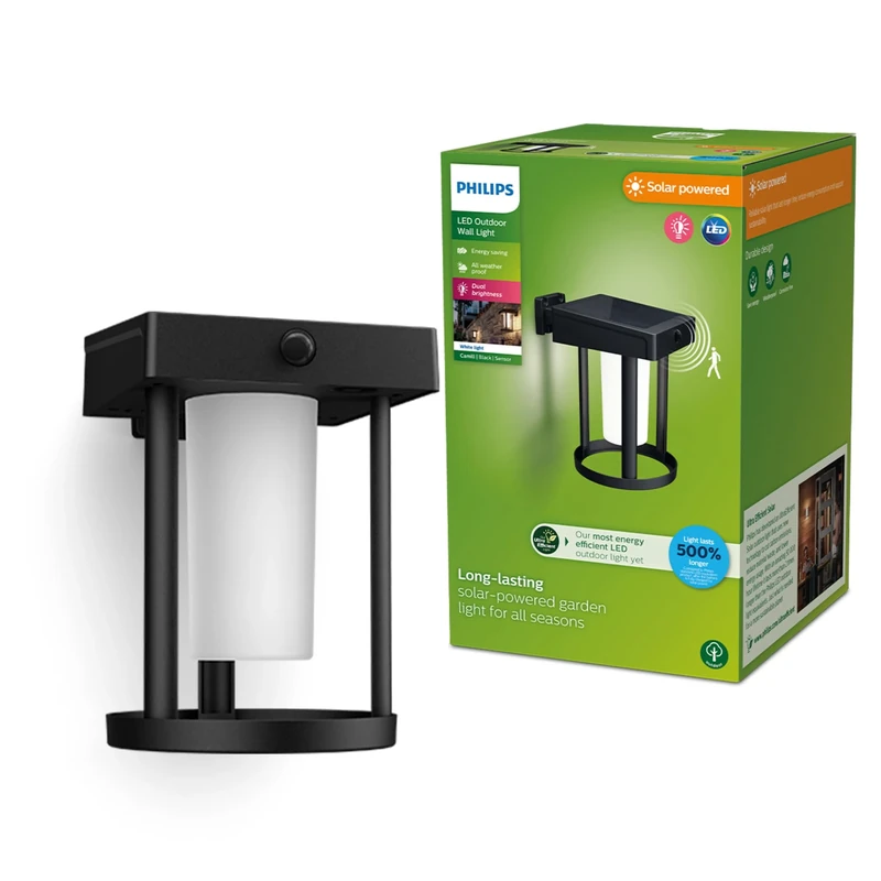 Philips Lighting Camill UltraEfficient Outdoor Solar Wall Light, Round, 1.4W, 3000K, Black, Frosted, Motion Sensor, IP44 Weatherproof