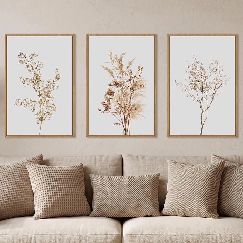 Ausril Wildflower Floral Framed Canvas Wall Art Set, Beige Botanical Wall Decor, Minimalist Nature Flower Wall Painting, Modern Boho Farmhouse Art Print for Living Room, Bedroom, Office- 16"x24"x3
