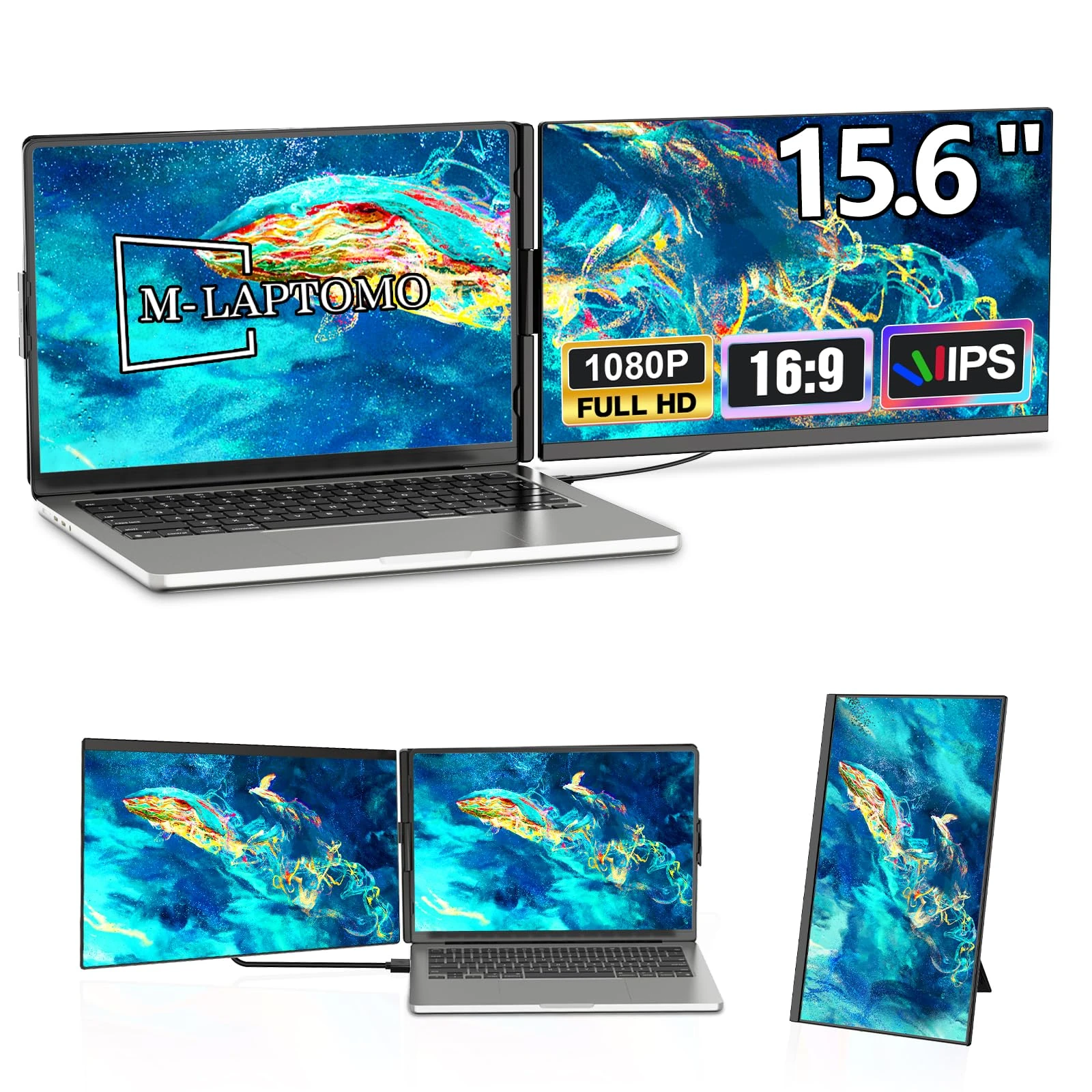 15.6" Laptop Screen Extender, Dual Screen Monitor Extender, 120% sRGB FHD1080P IPS Portable Monitor for Laptops, Detachable Screen, USB-C/HDMI/USB-A, Plug & Play for Windows, Mac, Android