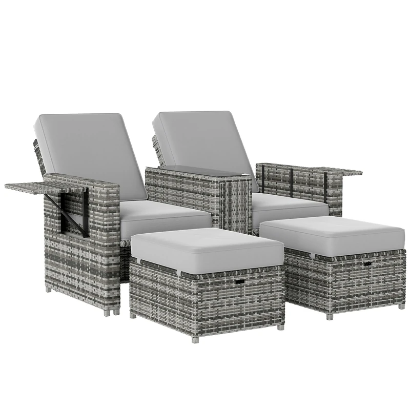Outsunny Recliner Rattan Sun Lounger, Storage Tea Table & Footstools, Grey