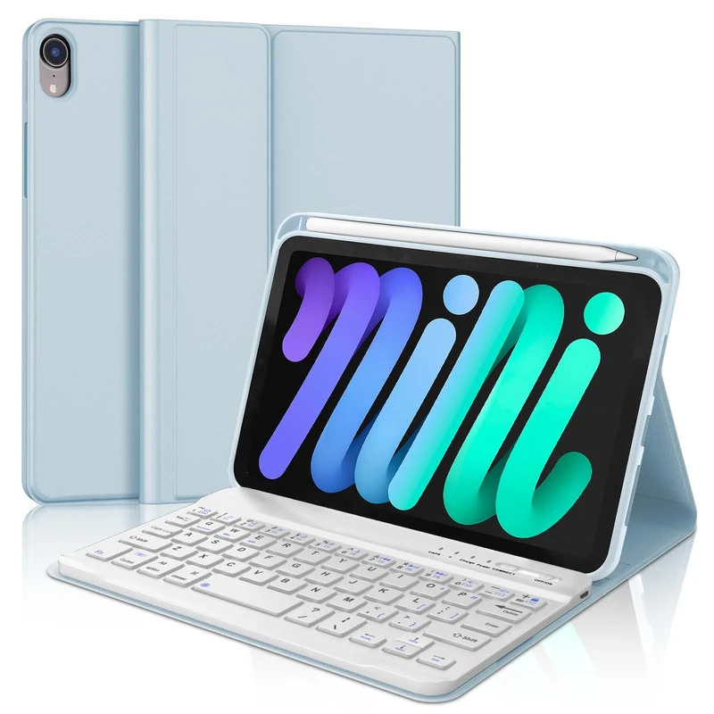 Keyboard Case for iPad mini 7th Gen(A17 Pro, 2024) & 6th Gen(2021) 8.3", UK Layout Wireless Bluetooth Keyboard, Slim Cover with Pencil holder for iPad mini 7th/6th Generation 8.3 inch, Sky Blue