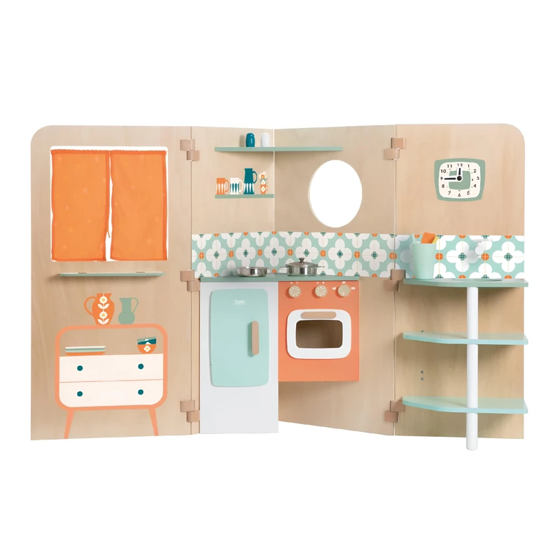 Classic World My Little Home, Role-Play Kitchen, Wooden Vintage Fold-Out Play House with Multiple Rooms, Easy Compact Storage, Non-Toxic Paint, 3 Years+, 14 Pieces, 140 x 56 x 90 cm