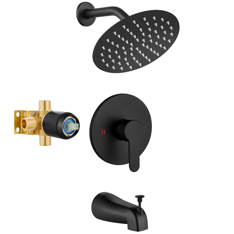 Airuida Bathroom Tub Shower Faucet Set Shower Head and Handle Set Bathtub Faucet Set Complete with Rough-in Valve Trim Kit with 8 Inch Round Shower Head, Matte Black