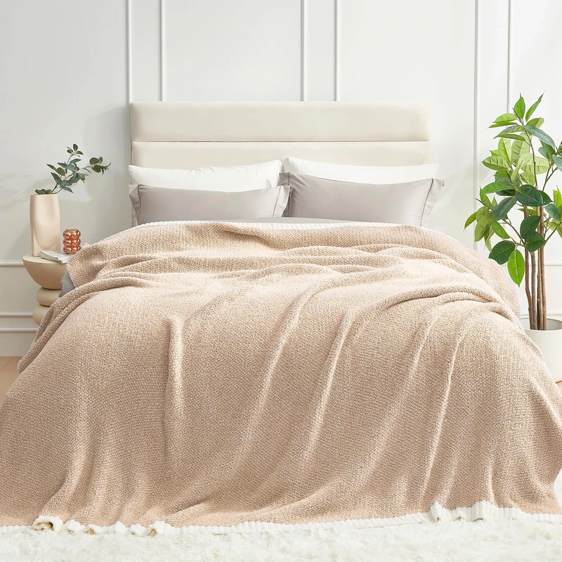 Snuggle Sac Queen Size Bedding Blanket Heather Beige, Super Soft Warm Bed Blankets Cozy Knit Fuzzy Plush Blankets for Bed, Heather Beige, 90"x90" Queen