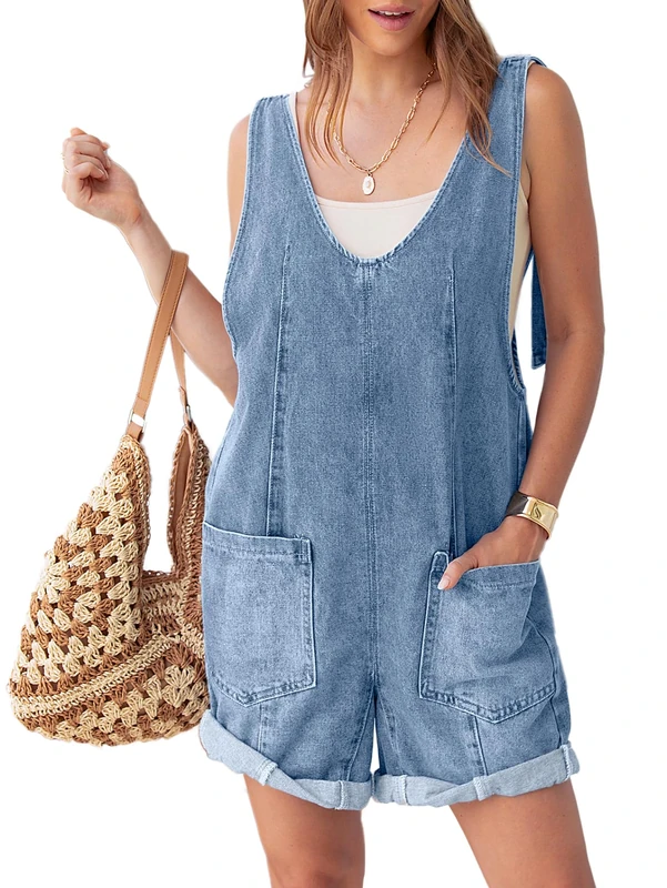 Glamaker Womens Summer Denim Romper Overall Shorts Casual Sleeveless V Neck Jean Romper Denim Outfit Short Jumpsuits 2025, Denim Blue, L