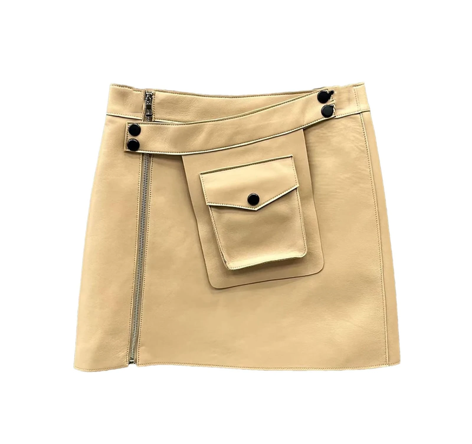 Haitpant Women Sheepskin Leather Mini Skirt Lady Genuine Leather Short Skirt with Pocket Beige