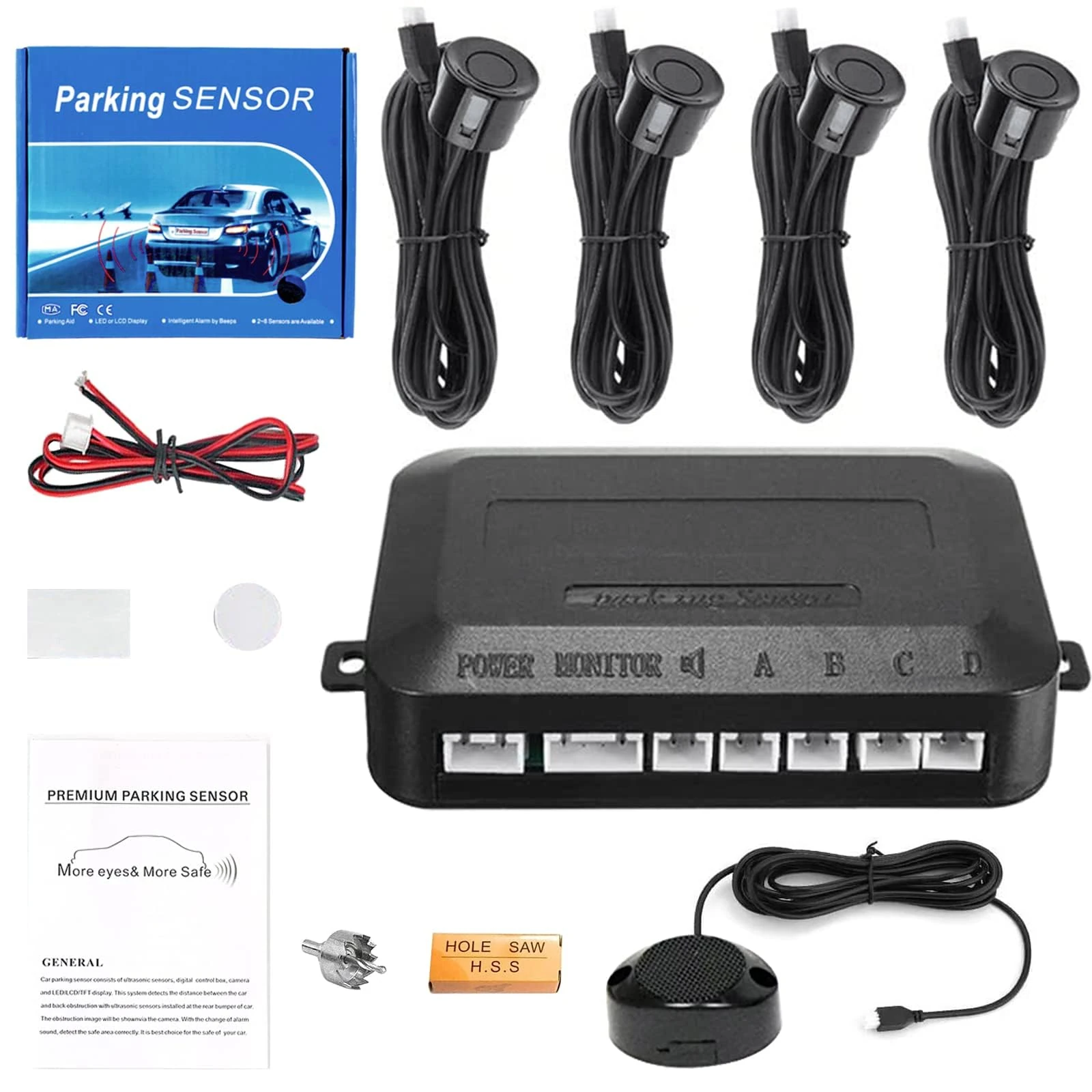 Car Rear Reversing Radar Kit with 4 Parking Sensors, Audible Warning - Black