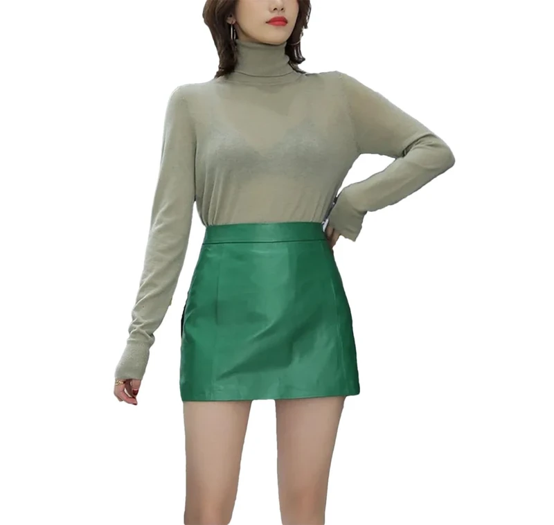 Women Sheepskin Leather High Waist Skirt Spring Autumn Slim Mini Genuine Leather Shorts Skirt