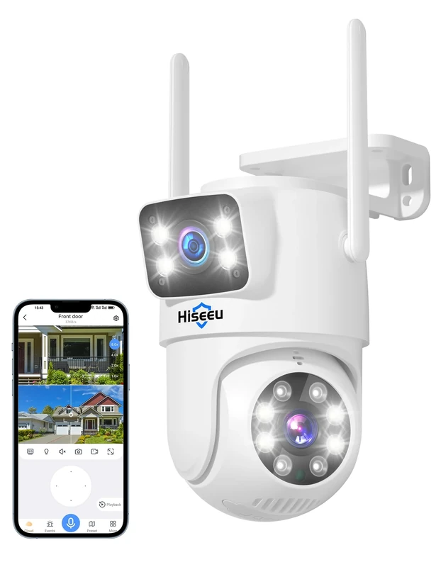 Hiseeu Dual Lens+8X Digital Zoom 3MP Dual Lens PTZ WiFi Security Camera Outdoor, 2.4G/5G WiFi CCTV Home Surveillance Camera Outdoor, Color Night Vision, Auto Tracking Alarm Sound Light 2-Way Audio