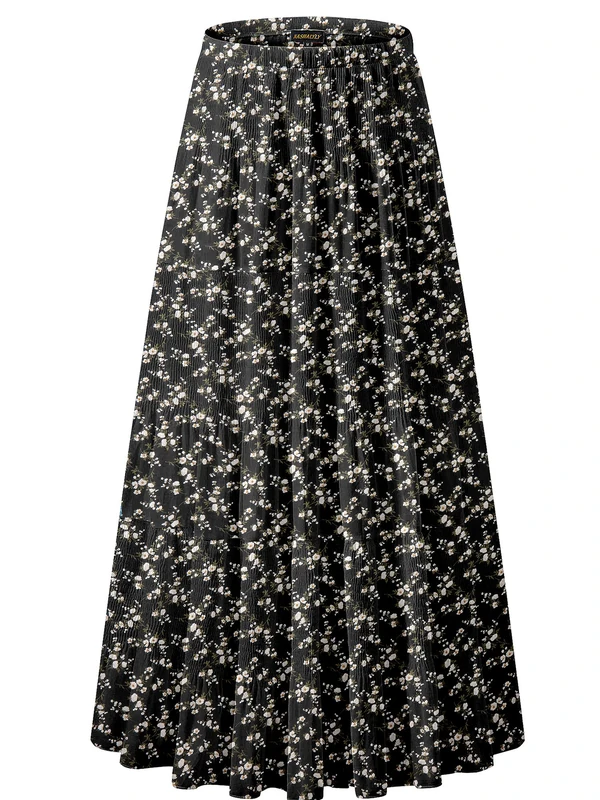 NASHALYLY Women's Chiffon Elastic High Waist Pleated A-Line Flared Maxi Skirts, Black White Flower, L