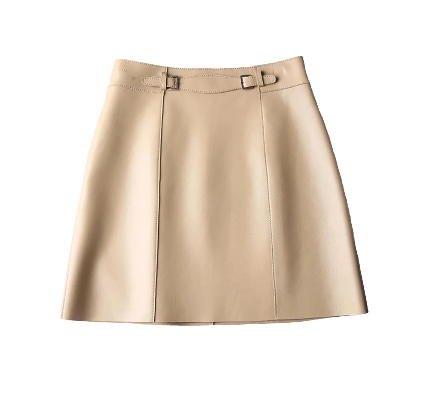 Women Genuine Leather Sexy Mini Skirt Korean Spring Fashion High Waist Buttons Retro A-Line Skirt Khaki