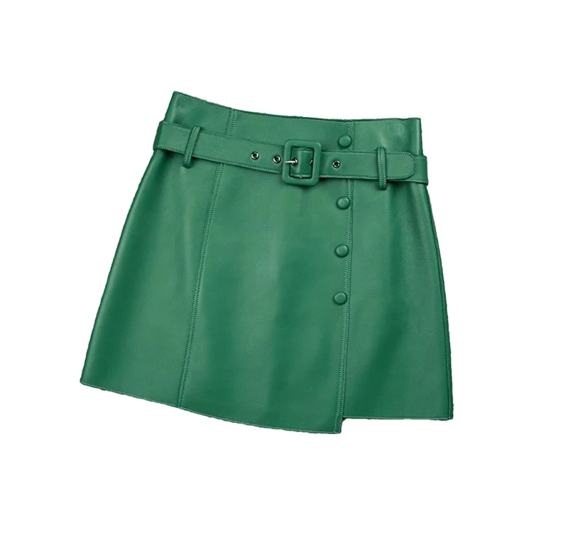 Haitpant Autumn Winter Versatile Simple Commuter Asymmetric Belt A-Line Skirt Women Genuine Leather Sheepskin Mini Dress