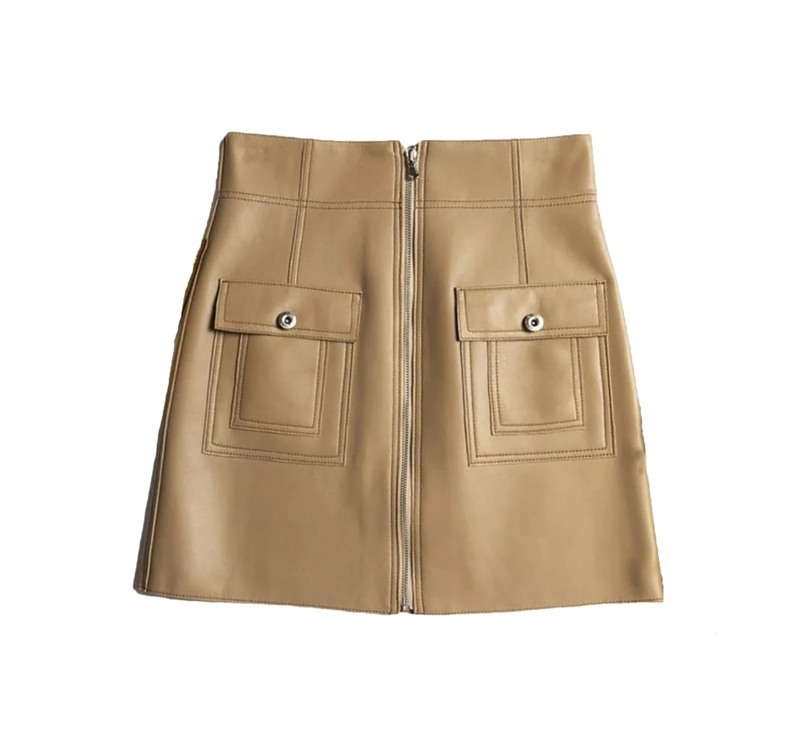 Women Harajuku Leather Skirt A-Line Sexy Mini White Dress Chic Bright Line Zipper Pocket Skirt