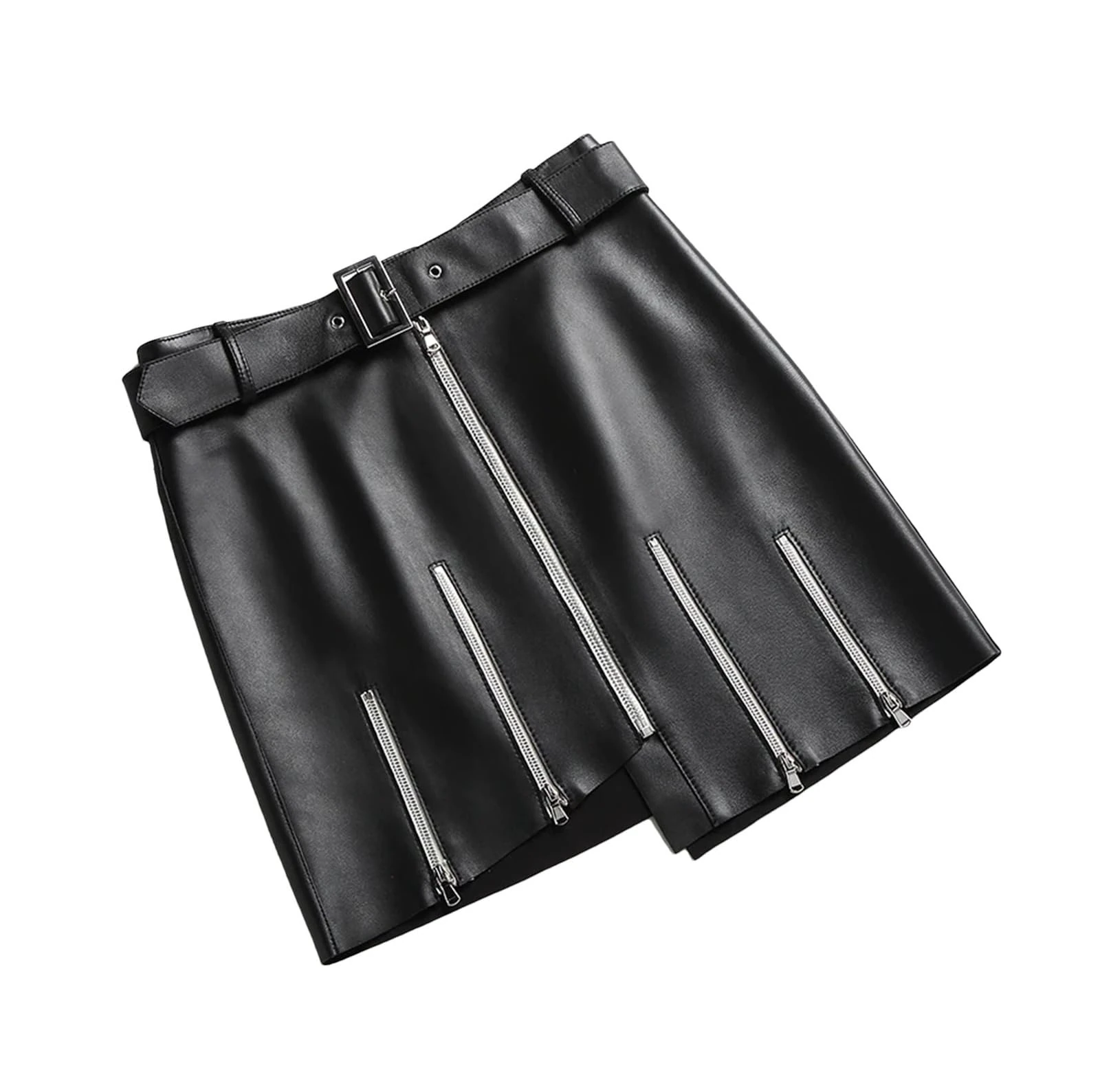 Women Locomotive Mini Dress Genuine Leather Sheepskin A-Line High Waist Wrap Hip Sexy Zipper Skirt Black