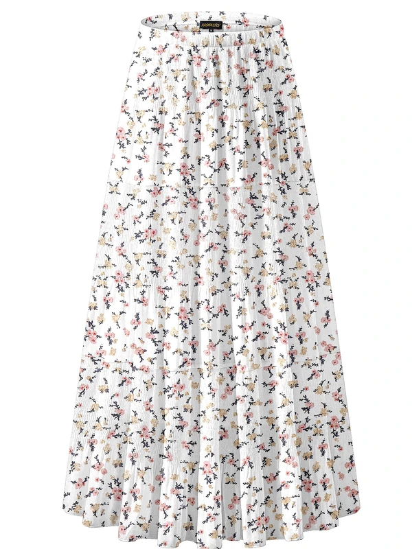 NASHALYLY Women's Chiffon Elastic High Waist Pleated A-Line Flared Maxi Skirts, Shiny Floral, S