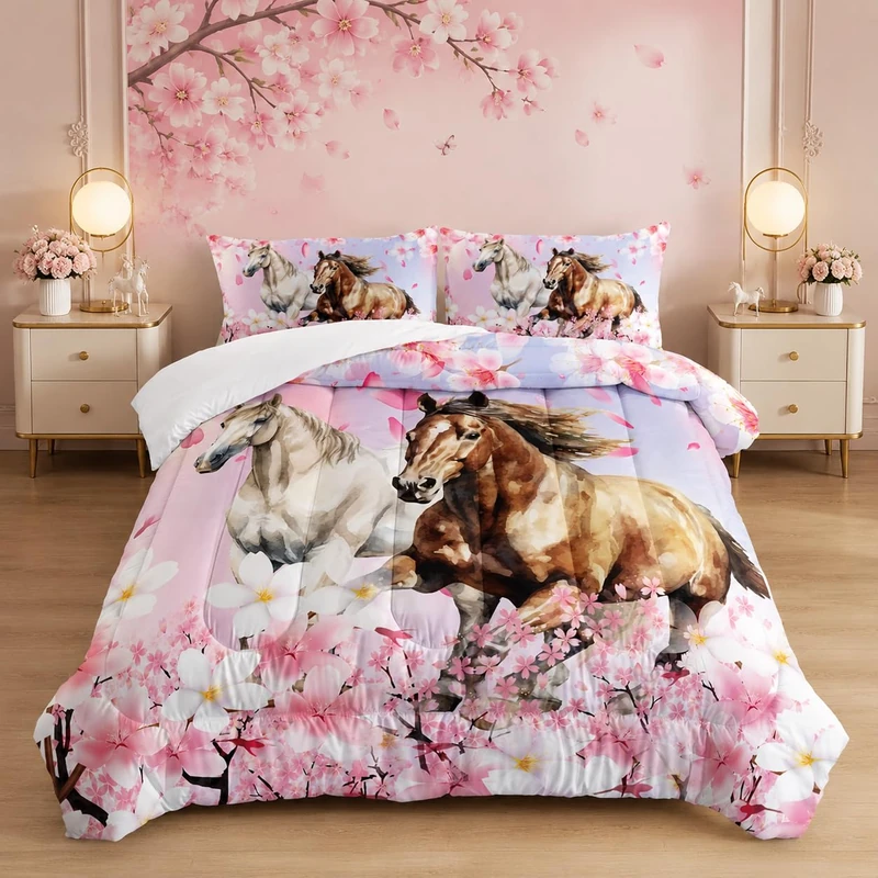 XYNHML Kid Horse Comforter Set Full Room Floral Animal Theme Handsome Horse Chic Cherry Blossom Bedding Set 3D Wild Animal Decor Quilt Set for Girls Adult, 1 Comforter + 2 Pillowcases