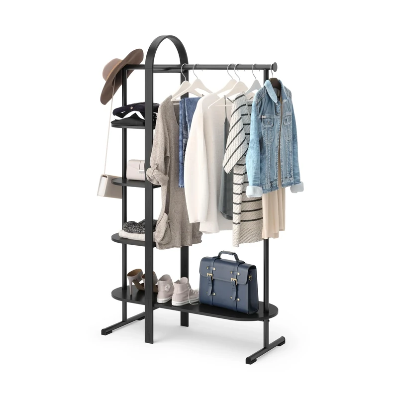 Umbra Bellwood Garment Rack Clothes Stand for Clothing, Coats, Dresses, with Shelf for Shoes and Accessories, Black