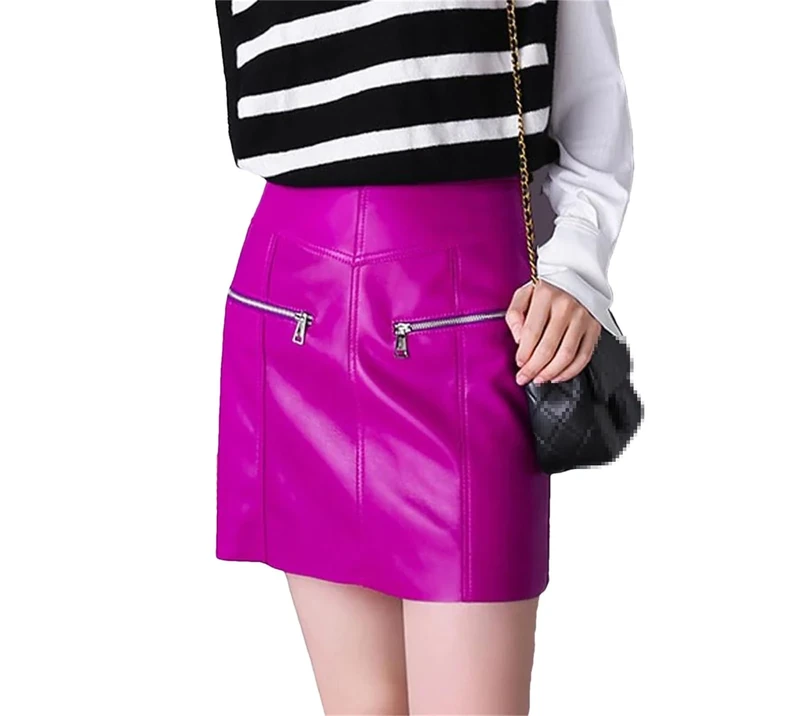 Mini Skirts for Women Korean Harajuku Slimming Zipper Locomotive Leather Chic Dress Fuchsia