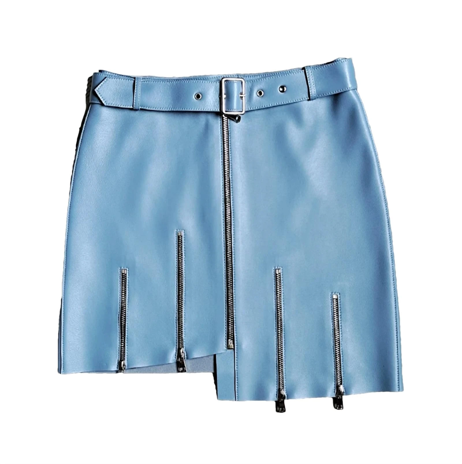 Women Locomotive Mini Dress Genuine Leather Sheepskin A-Line High Waist Wrap Hip Sexy Zipper Skirt Blue