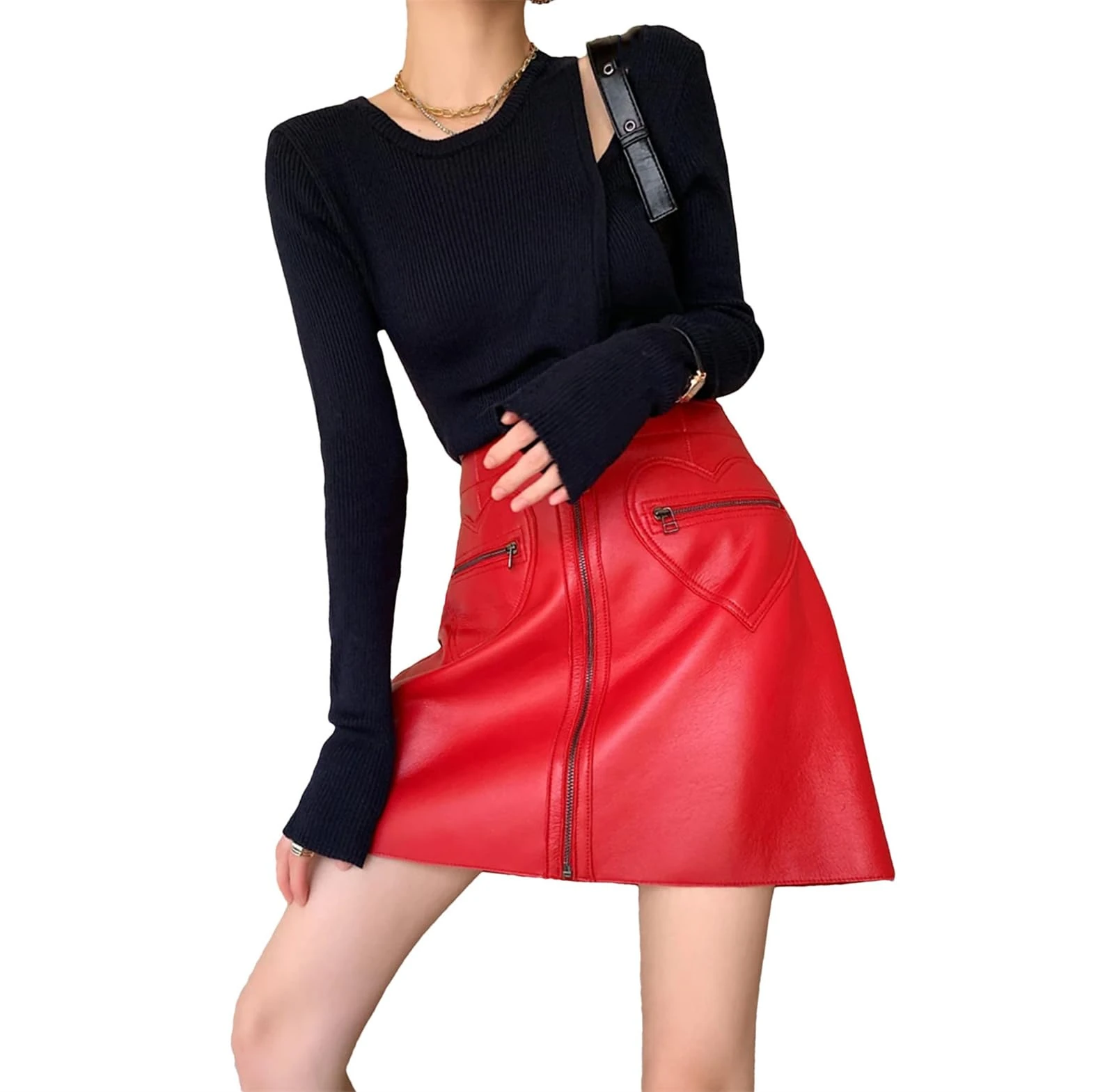 Women Heart Shape Pockets High Booty Dress Ladies Fashionable Versatile Red A-Line Mini Skirts