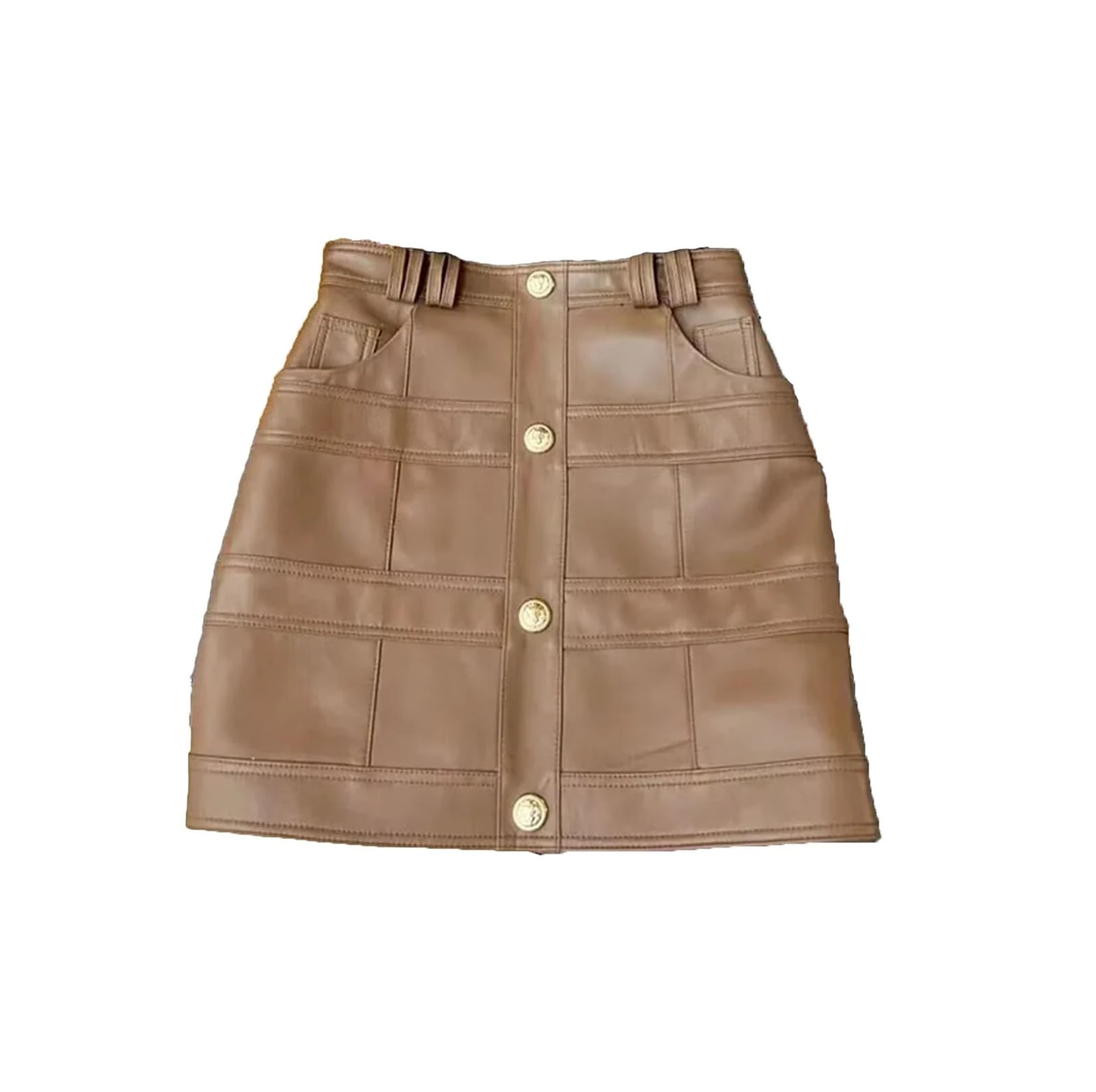High Waist Korean Fashion Mini Skirts for Women Office Ladies Luxury Genuine Leather Pencil Skirt Brown