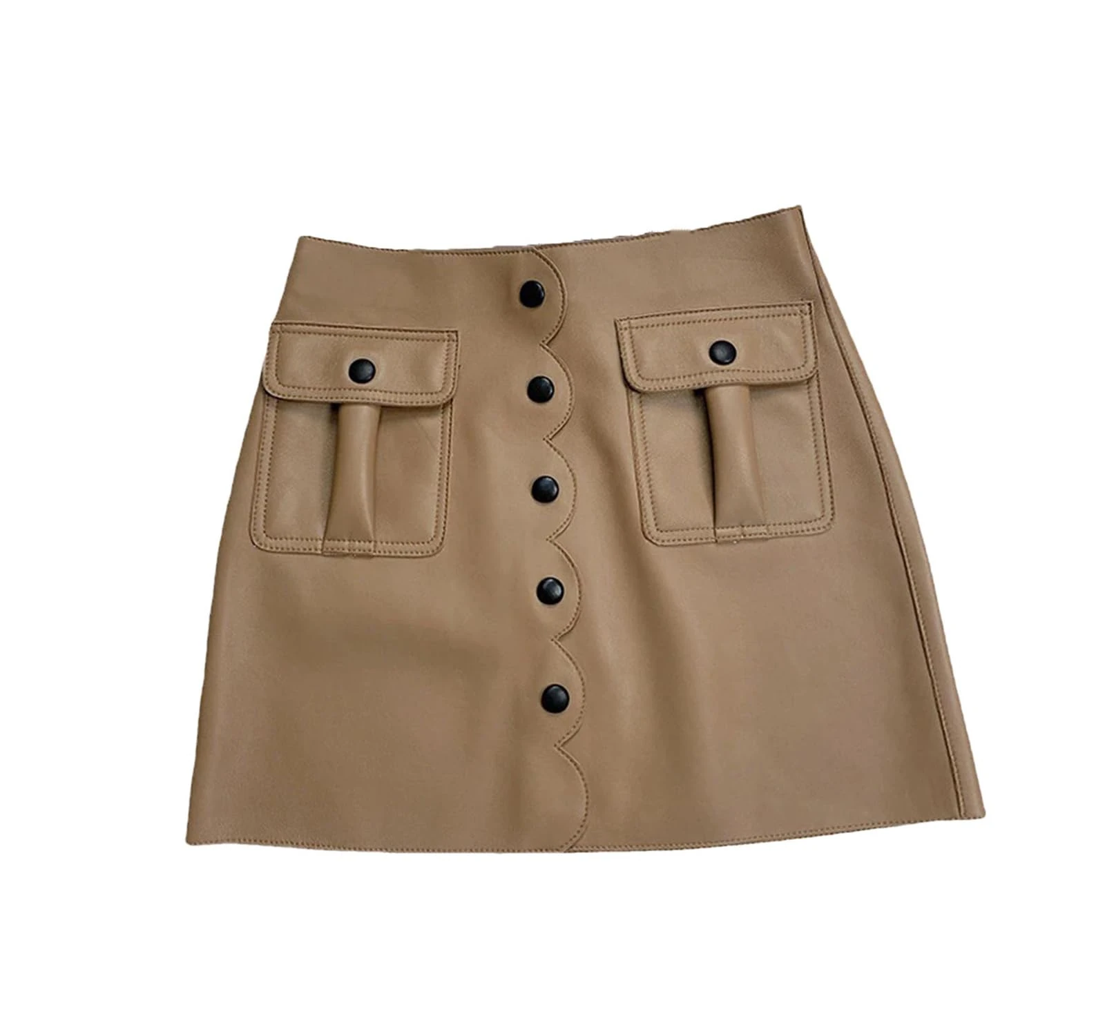 Women Genuine Sheepskin Skirts French Chic Petal Mini Dress High Waist Pocket A-Line Leather Skirts Khaki