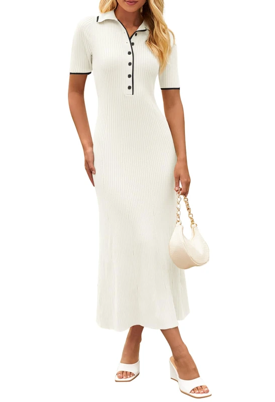 MEROKEETY Women's V Neck Ribbed Knit Maxi Dress Button Short Sleeve Slim Fit Bodycon Sweater Dress, Beige, M