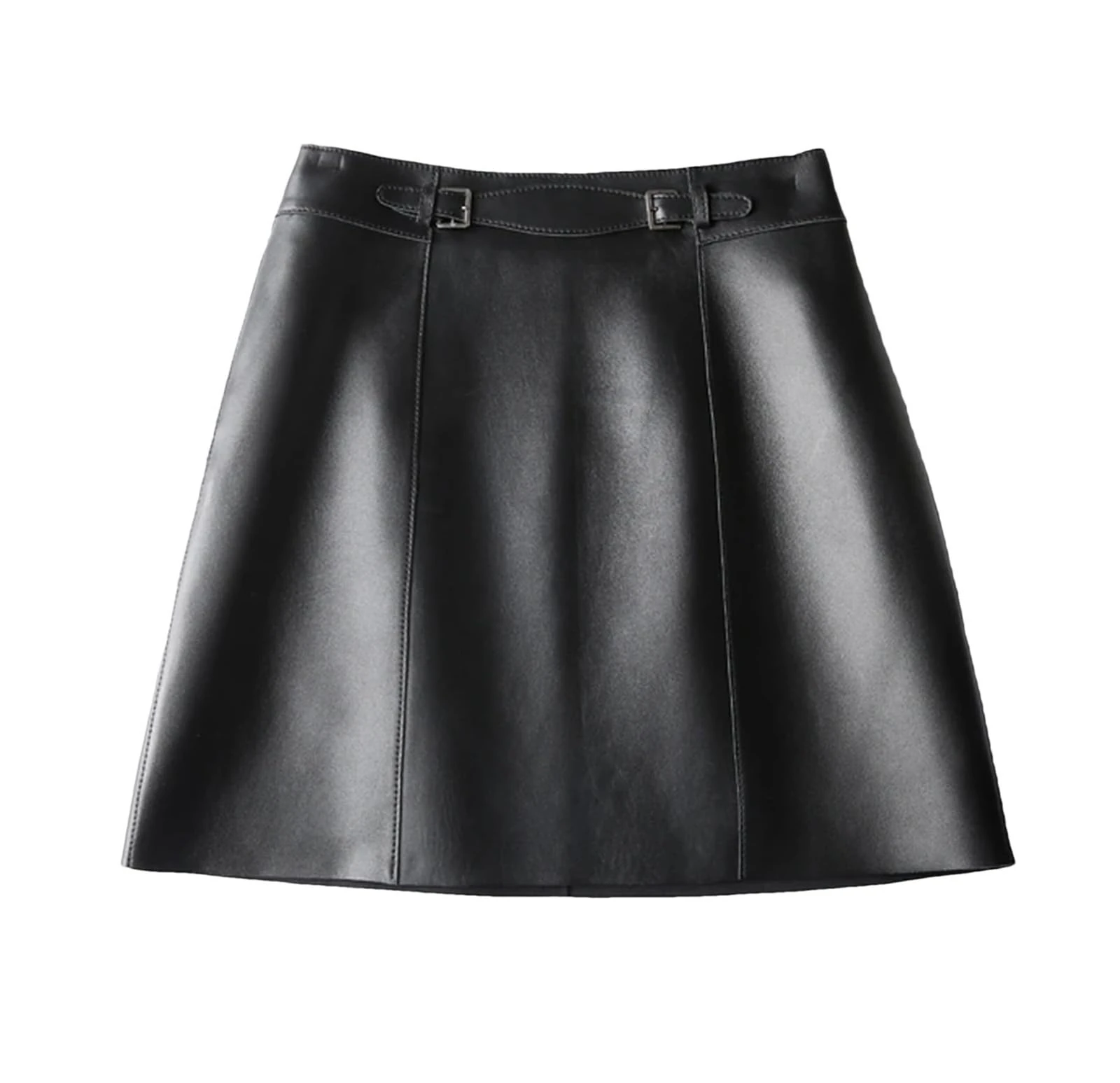 Women Genuine Leather Sexy Mini Skirt Korean Spring Fashion High Waist Buttons Retro A-Line Skirt Black