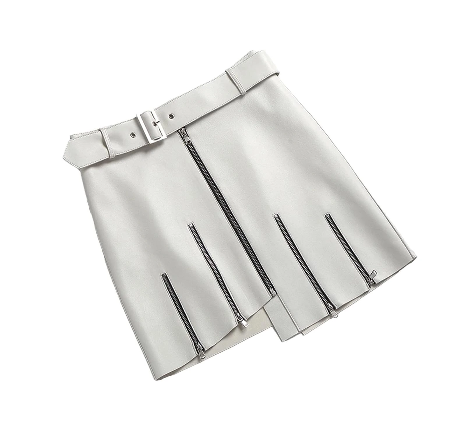 Women Locomotive Mini Dress Genuine Leather Sheepskin A-Line High Waist Wrap Hip Sexy Zipper Skirt White