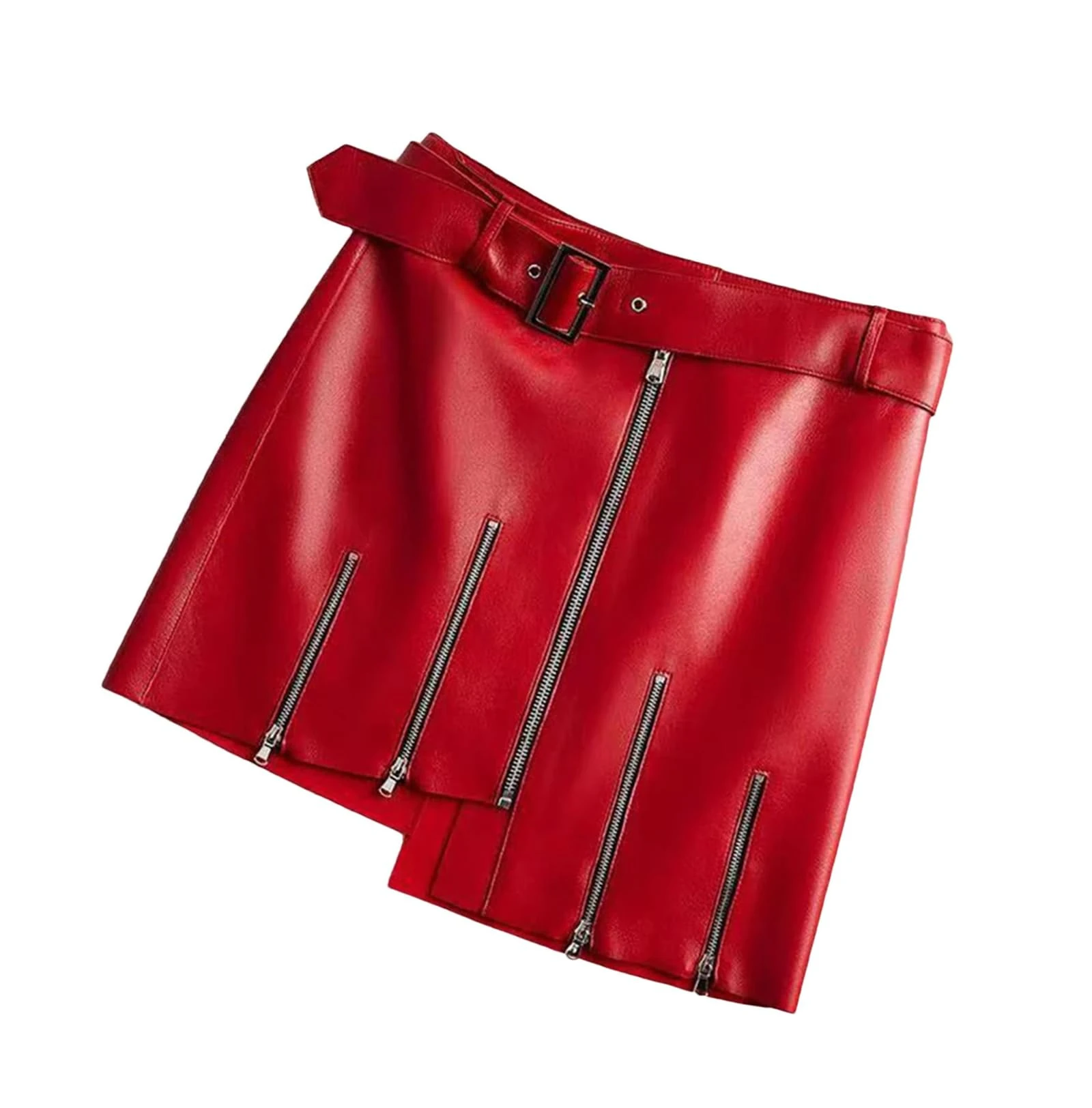 Women Locomotive Mini Dress Genuine Leather Sheepskin A-Line High Waist Wrap Hip Sexy Zipper Skirt Red