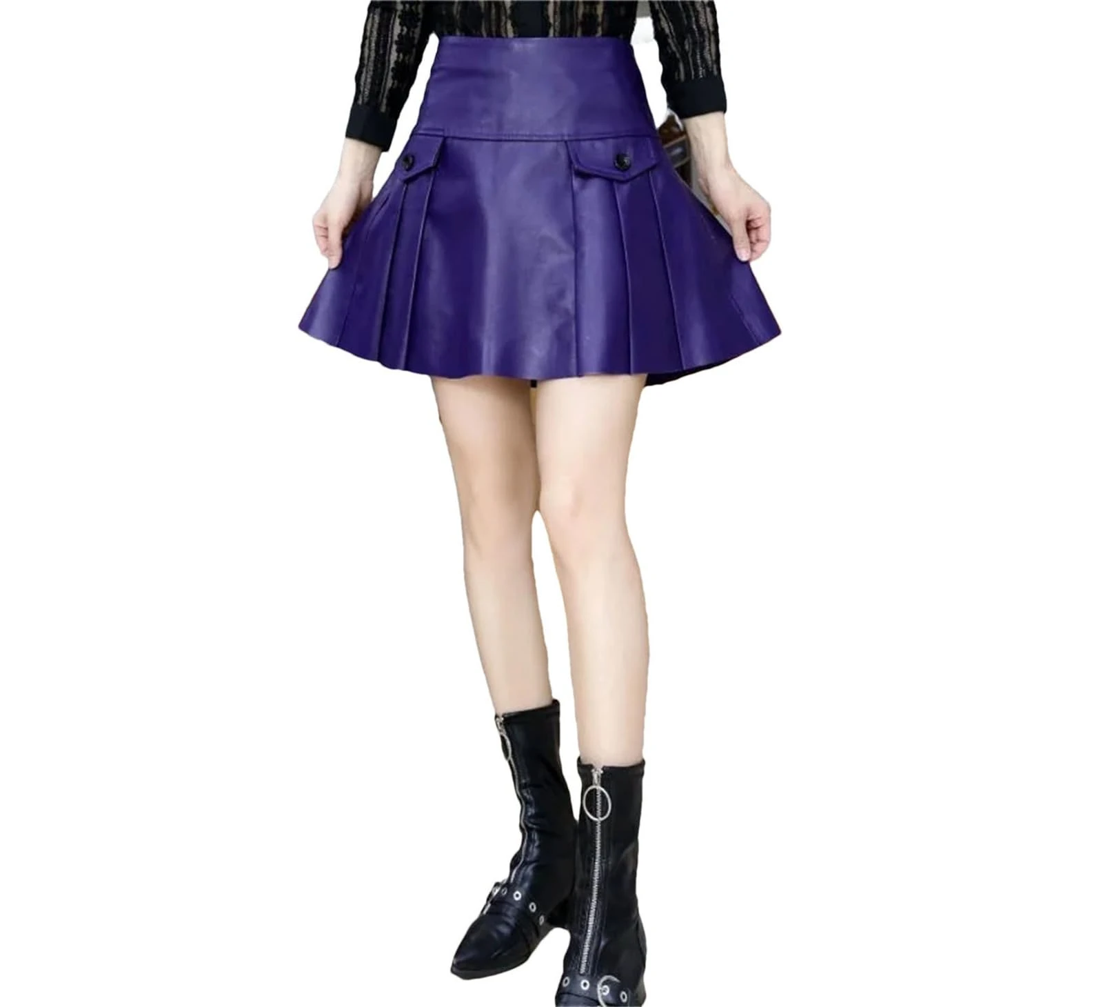 Women Street High Sexy A Line Mini Skirt High Waist Umbrella Skirt Sheepskin Leather Pleated Skirts Purple