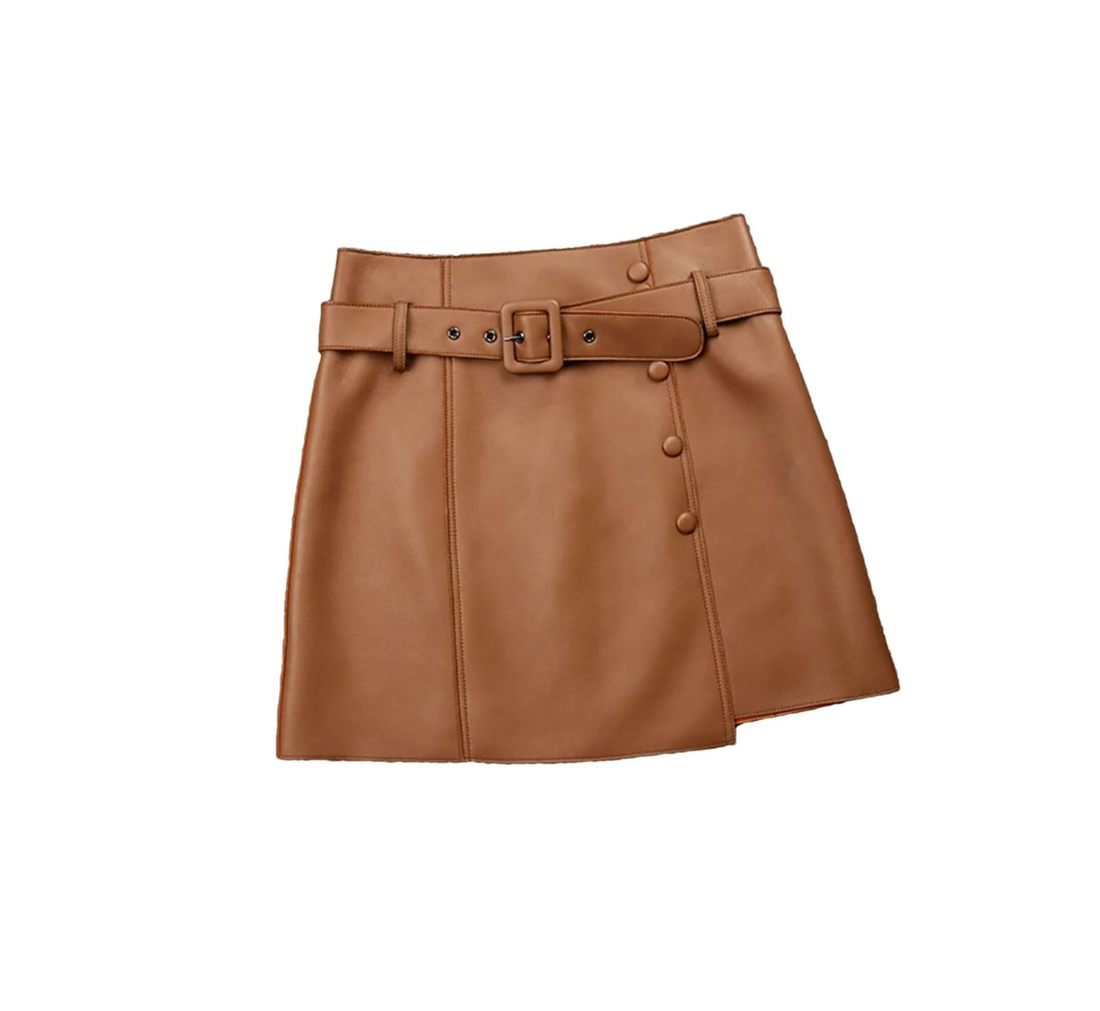 Haitpant Autumn Winter Versatile Simple Commuter Asymmetric Belt A-Line Skirt Women Genuine Leather Sheepskin Mini Dress Brown