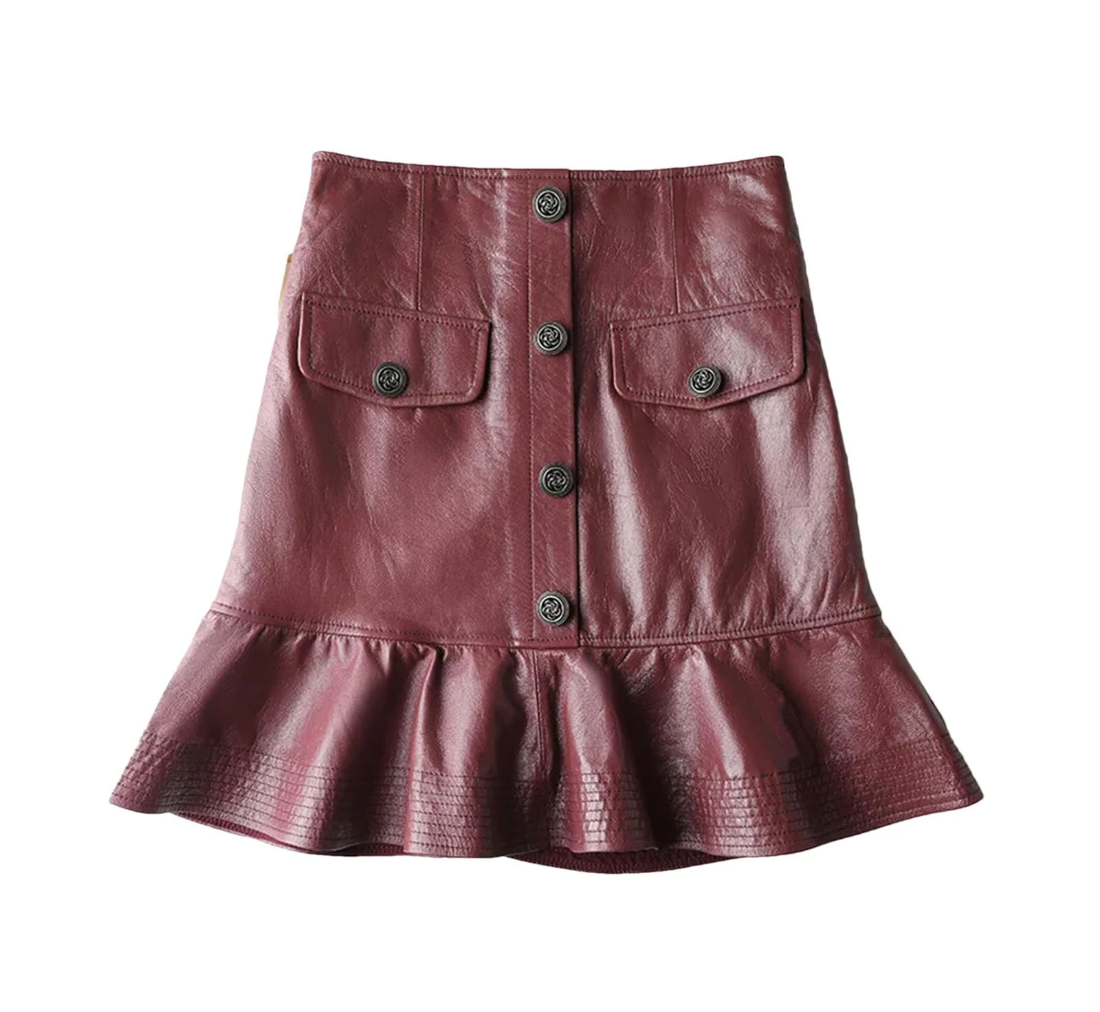 Women Celebrity Leather Mini Skirt Female 100% Sheepskin Lotus Leaf Swing Fishtail Saia Mujer Burgundy Sexy Short Wrap Jupe