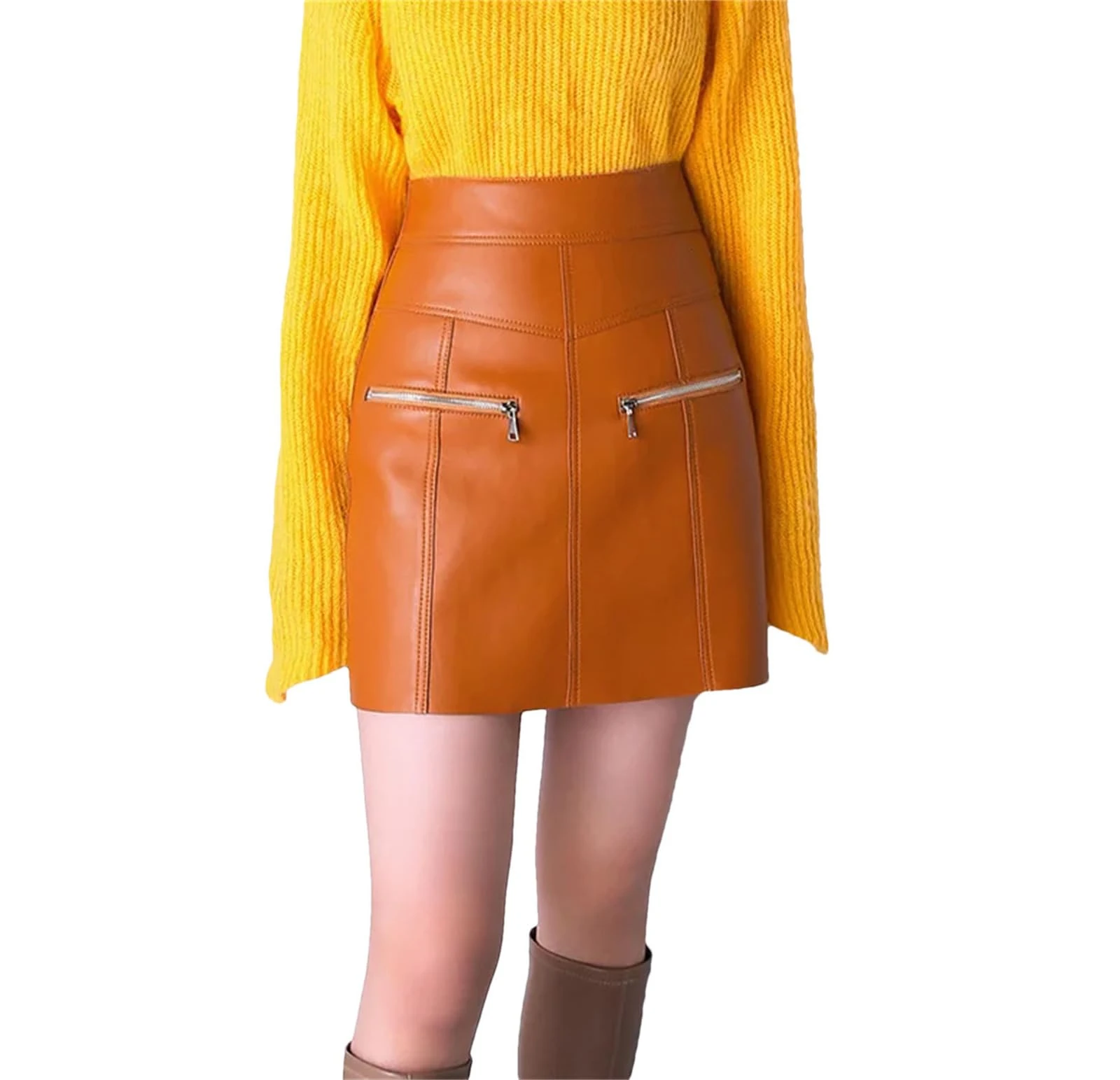 Mini Skirts for Women Korean Harajuku Slimming Zipper Locomotive Leather Chic Dress Orange
