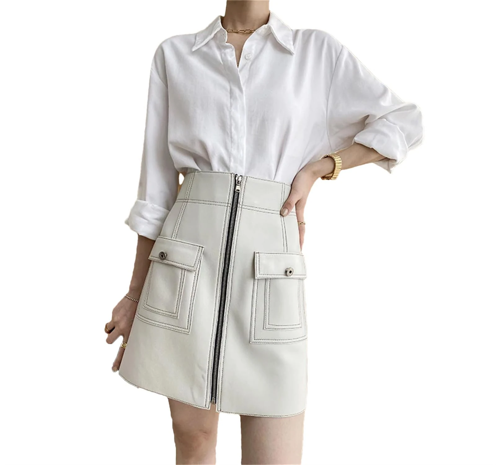 Women Harajuku Leather Skirt A-Line Sexy Mini White Dress Chic Bright Line Zipper Pocket Skirt