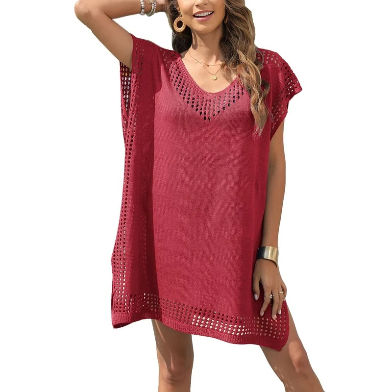 Women's Swim Cover-ups Beachwear Hollow Out V-Neck Short Sleeve Crochet Dress Women Bikini Plus Size Beach Long Beachwear Lightweight Poncho Casual Loose Flowy Swimwear Red