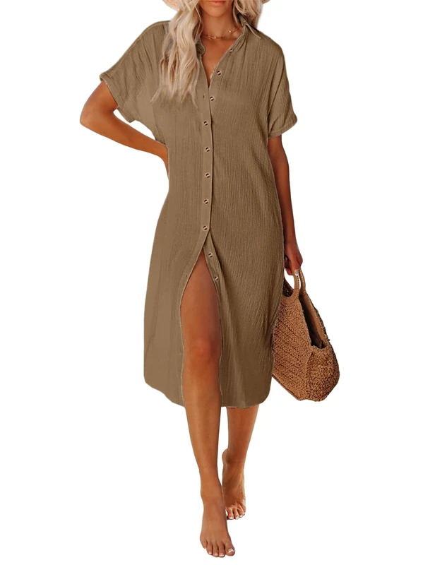 UMIPUBO Women Beach Cover Ups Casual Short Sleeve Beachwear Swimsuit Bikini Cover-Up Button Down Side Split Long Kimonos Bathing Suit Cardigans Beach Dress (Brown, XL)